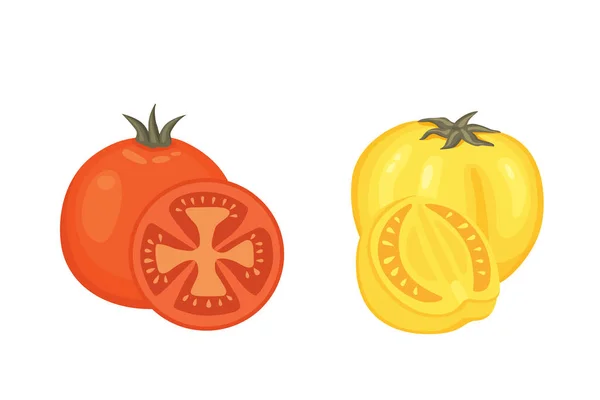 Coleção de tomates vermelhos frescos e ilustrações de vetor de sopa. Metade, fatia, tomate cereja . — Vetor de Stock