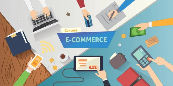 Icone di e-commerce online in stile piatto. mobile store banner design della pagina web con carrello e articoli in vendita — Vettoriale Stock