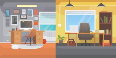 Ofis iç yatay Banner. Bussines işyeri bilgisayar ve tablo ile