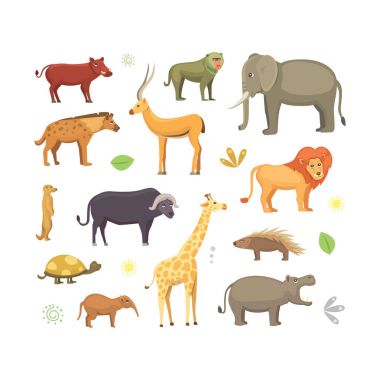 Afrika hayvanları vektör set karikatür. fil, Gergedan, zürafa, çita, sırtlan, aslan, su aygırı ve outhers. izole safari illüstrasyon.