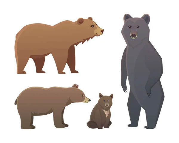 A gyűjtemény a különböző rajzfilm medvék elszigetelt fehér background. Vektoros broun és fekete amerikai medve. Vadon élő állatok vagy állatkert grizzly. — Stock Vector