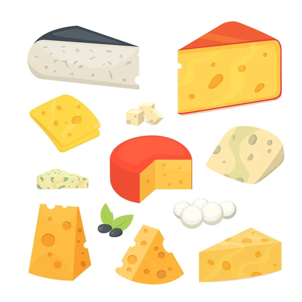 Tipos de queso. Iconos de ilustración vectorial realista de estilo plano moderno. Parmesano aislado o cheddar fresco sobre fondo blanco . — Vector de stock