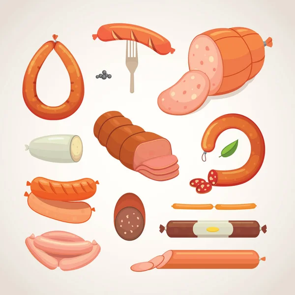 Vektor-Cartoon-Wurst. Speck, Salami in Scheiben geschnitten und geräuchert gekocht. vereinzelt frische Feinkost-Ikonen. gegrilltes Produkt auf weißem Hintergrund — Stockvektor
