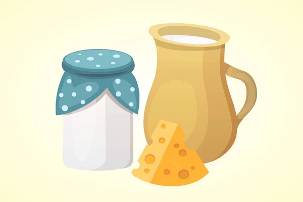 Productos lácteos orgánicos frescos con queso, mantequilla, café, crema agria y helado . — Vector de stock