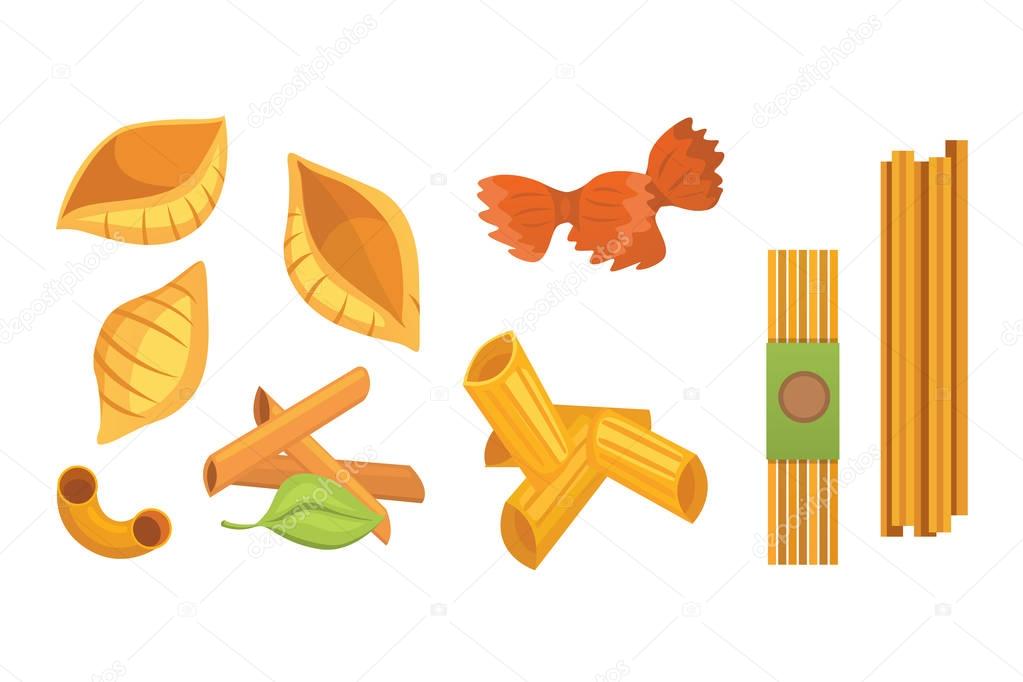 Vector set Italian pasta in cartoon style. Different types and shapes of macaroni with. Ravioli, spaghetti, tortiglioni illustration