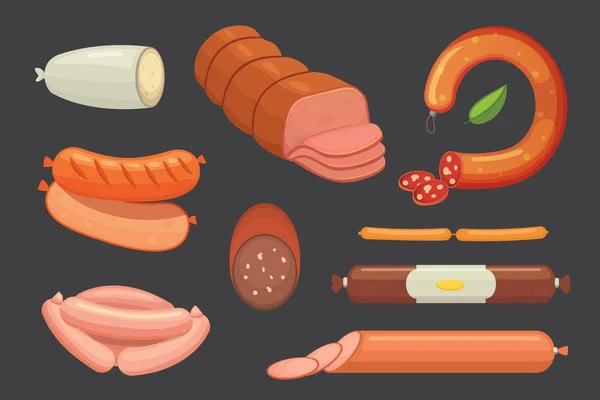 Verzameling van vector cartoon worst. Bacon, plakjes Salami en gerookte gekookt. Geïsoleerde verse Delicatessen pictogrammen. Gegrilde product. — Stockvector