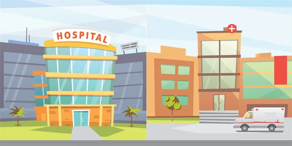 Set hastane karikatür modern vektör çizim bina. Tıbbi klinik ve şehir arka plan. Acil servis dış.