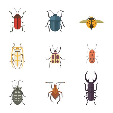 Böcekler düz stil vektör tasarım simgeler kümesi. Koleksiyon doğa böceği ve zooloji illüstrasyon karikatür