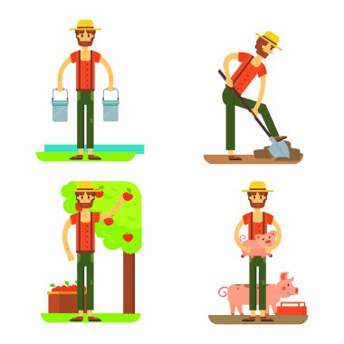 çiftçilerin tarım araçlarını kullanarak. Çiftçi vektör çizim ayarla