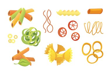 Vektör İtalyan makarna karikatür tarzı ayarlayın. Farklı türleri ve şekiller ile makarna. Mantı, makarna, tortiglioni illüstrasyon