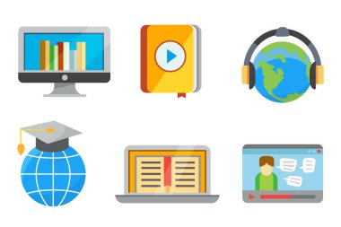 Uzaktan eğitim, öğrenme online web afiş ve baskı malzemeleri için renkli vektör illüstrasyon kavramı düz tasarım. E-webinar Isolated.