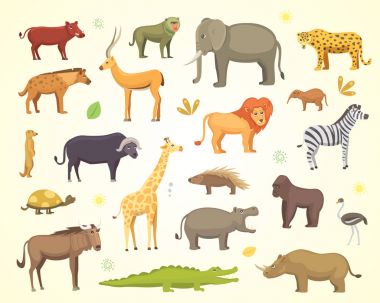 Afrika hayvanları vektör set karikatür. fil, Gergedan, zürafa, çita, zebra, sırtlan, aslan, su aygırı, timsah, gorila ve outhers. izole safari illüstrasyon.