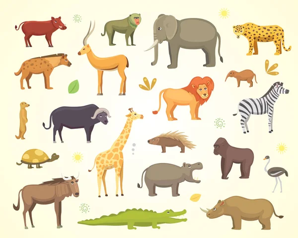 Animales africanos conjunto de vectores de dibujos animados. elefante, rinoceronte, jirafa, guepardo, cebra, hiena, león, hipopótamo, cocodrilo, gorila y outhers. ilustración aislada safari . — Vector de stock