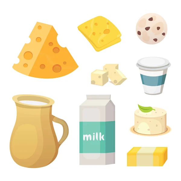 Productos lácteos orgánicos frescos con queso, mantequilla, café, crema agria y helado . — Vector de stock