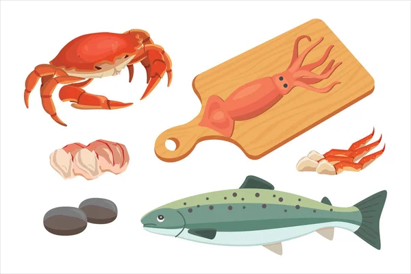 Vektorové ilustrace mořské plody sada plochých čerstvých ryb a krabů. Humři a ústřice, krevety a menu, chobotnice zvířat, měkkýšů citron — Stockový vektor