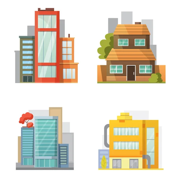 Flat design of retro and modern city houses. Old buildings, skyscrapers. colorful cottage building, cafe house front. — Stock Vector