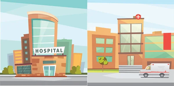Rumah sakit membangun kartun modern vektor ilustrasi. Klinik Medis dan latar belakang kota. Eksterior UGD - Stok Vektor
