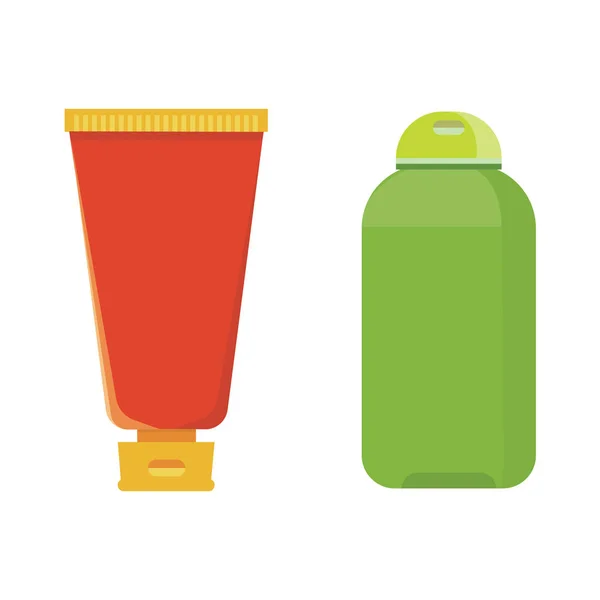 Kosmetikflaschen Vektor Farbset. Beauty Shampoo Flasche und Behälter mit Lotion für die Haut — Stockvektor