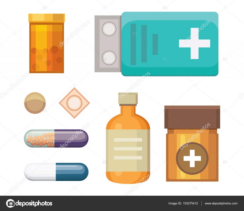 Medicamentos Dos Desenhos Animados. Diferentes Pílulas E Garrafas