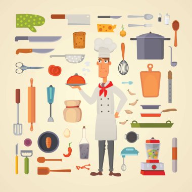 Set mutfak rafları ve pişirme aletleri vektör. Şef karakter kavramı cartool illüstrasyon.