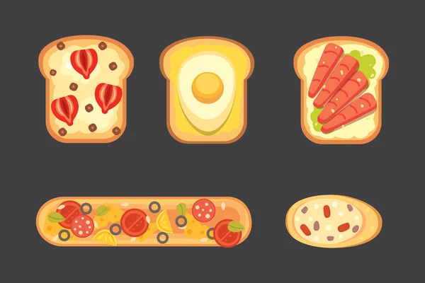 Set de tostadas y desayuno sándwich. Pan tostado con mermelada, huevo, queso, arándanos, mantequilla de maní, salami, pescado. Ilustración vectorial plana . — Archivo Imágenes Vectoriales