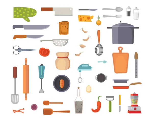 Vector Set Utensilios de cocina. herramientas de cocina de estilo plano. cocina equipos objetos aislados — Archivo Imágenes Vectoriales
