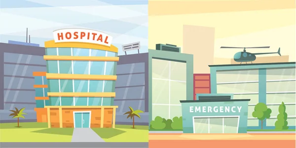Σετ νοσοκομείο κτίριο καρτούν εικονογράφηση σύγχρονο φορέα. Ιατρικό ιστορικό κλινική και την πόλη. Εξωτερικό δωμάτιο έκτακτης ανάγκης. — Διανυσματικό Αρχείο