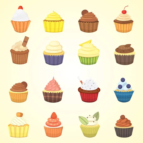 Set von niedlichen Vektor-Cupcakes und Muffins. bunte Cupcake isoliert für Lebensmittel-Plakat-Design. — Stockvektor