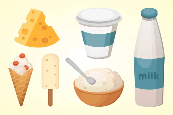 Φρέσκα βιολογικά γαλακτοκομικά προϊόντα σετ με τυρί, βούτυρο, καφές, ξινή κρέμα και παγωτό. — Διανυσματικό Αρχείο