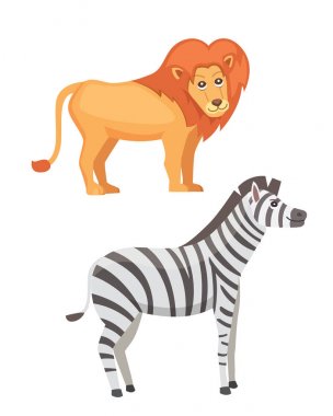 Afrika hayvanları vektör set karikatür. Aslan ve zebra izole safari illüstrasyon
