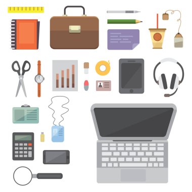 Çalışma alanı ile mobil cihazlar ve belgeler. Office kişisel ve iş ikonları/simgeleri set vektör. Gadget'ı dizüstü düz resimde çalışma tablosu