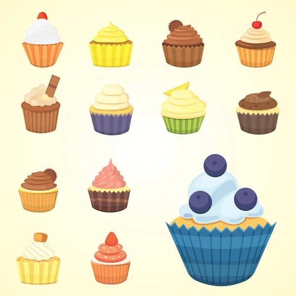 Set von niedlichen Vektor-Cupcakes und Muffins. bunte Cupcake isoliert für Lebensmittel-Plakat-Design. — Stockvektor