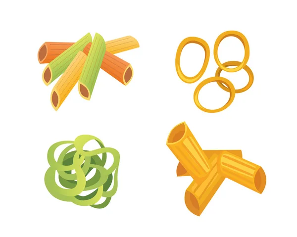 Vektor-Set italienische Pasta im Cartoon-Stil. verschiedene Arten und Formen von Makkaroni mit. Ravioli, Spaghetti, Tortiglioni — Stockvektor