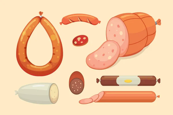 Conjunto de salchichas de dibujos animados vectoriales. Tocino, salami en rodajas y ahumado hervido. Iconos de Delicatessen frescos aislados. Producto a la parrilla . — Vector de stock