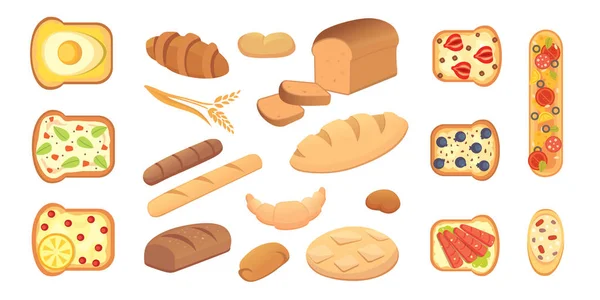 Diferentes panes y productos de panadería ilustraciones vectoriales. Bollos para desayunar. Set de alimentos para hornear y tostadas aisladas . — Archivo Imágenes Vectoriales