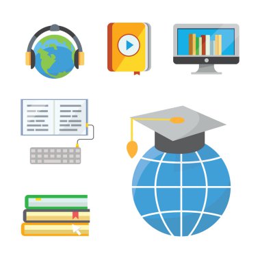 Uzaktan eğitim, öğrenme online web afiş ve baskı malzemeleri için renkli vektör illüstrasyon kavramı düz tasarım. E-webinar Isolated.