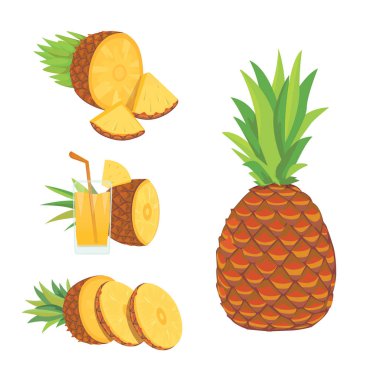 Beyaz arka plan üzerinde izole ananas dilimleri kümesi. Taze doğal meyve.