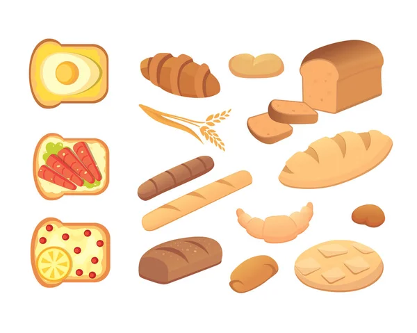 Verschiedene Brote und Backwaren Vektorillustrationen. Brötchen zum Frühstück. Set backen Essen und Toast isoliert. — Stockvektor