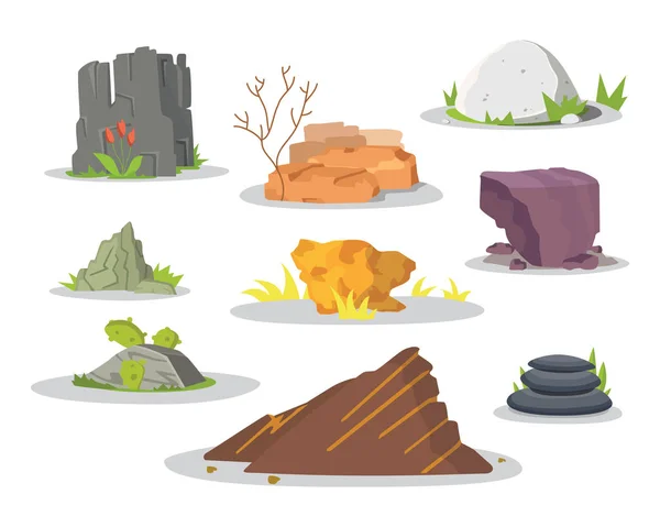 Conjunto de colección de elementos de rocas y piedras. Ilustración vectorial de materiales sólidos. Piedras de dibujos animados en diferentes colores . — Vector de stock