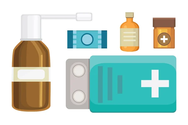 Καρτούν φάρμακα. Διαφορετική ιατρική χάπια και μπουκάλια, υγειονομική περίθαλψη και ψώνια, φαρμακείο, κατάστημα ναρκωτικών. Εικονογράφηση διάνυσμα σε επίπεδη στυλ — Διανυσματικό Αρχείο