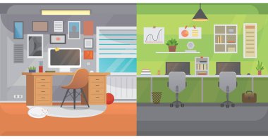 Office interiors horizontal banners. Bussines workplace with computer and table clipart