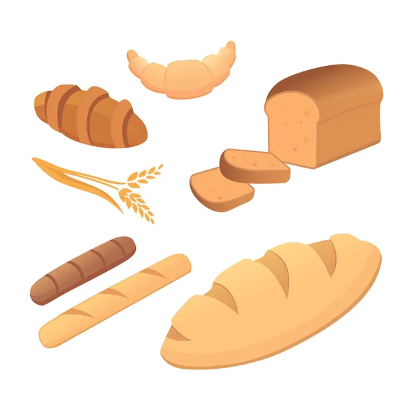 Verschiedene Brote und Backwaren Vektorillustrationen. Brötchen zum Frühstück. Set backen Essen und Toast isoliert. — Stockvektor