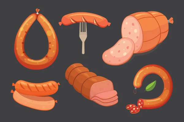 Conjunto de salchichas de dibujos animados vectoriales. Tocino, salami en rodajas y ahumado hervido. Iconos de Delicatessen frescos aislados. Producto a la parrilla . — Archivo Imágenes Vectoriales