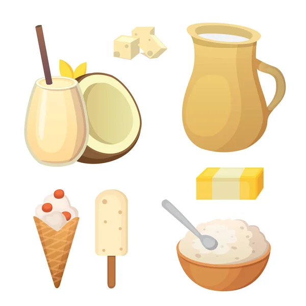 Productos lácteos orgánicos frescos con queso, mantequilla, café, crema agria y helado . — Vector de stock