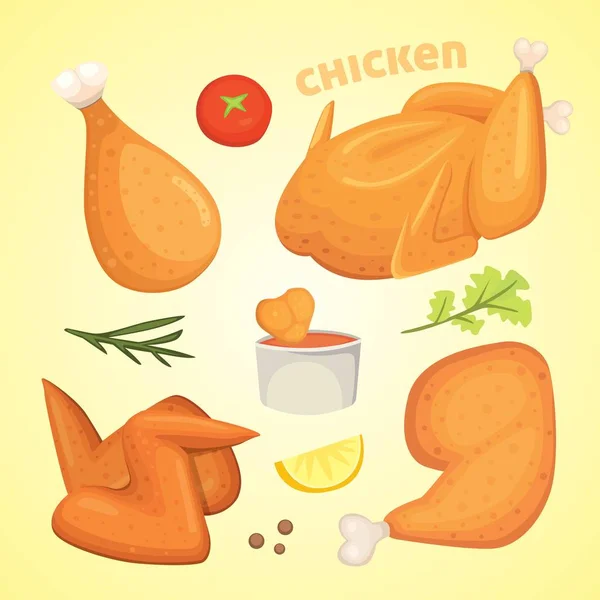 Όμορφη νόστιμο τηγανητό κοτόπουλο σύνολο εικόνες σε κινούμενα σχέδια στυλ. Fresh Φάστ φούντ τηγανητά κρέατα. — Διανυσματικό Αρχείο