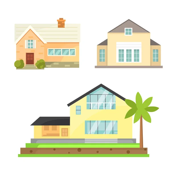 Häuschen und verschiedene Immobilien Gebäude Symbole. Wohnhaus-Kollektion im neuen Cartoon-Stil — Stockvektor