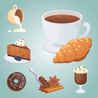 Bir fincan kahve, cappuccino, kahve ve çikolata yemek. Tatlı çöller zaman.
