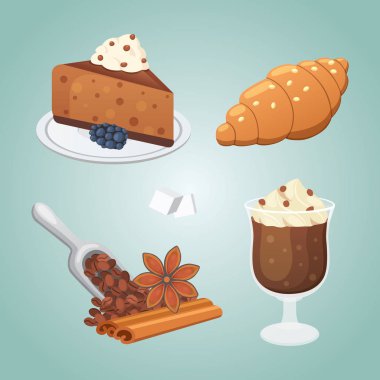 Tatlı kahve çöller küme. pasta, kruvasan ve kapuçino