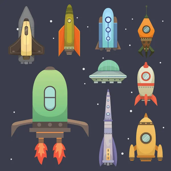 만화 스타일에서 로켓 우주선입니다. 새로운 기업 혁신 개발 플랫 디자인 아이콘 템플릿입니다. 우주선 그림 세트. — 스톡 벡터