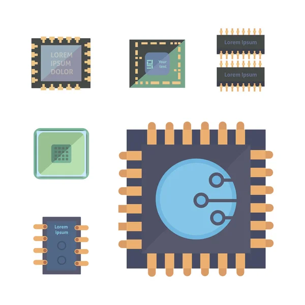 Icônes microprocesseur et puces électroniques. jeu puce vecteur illustration — Image vectorielle